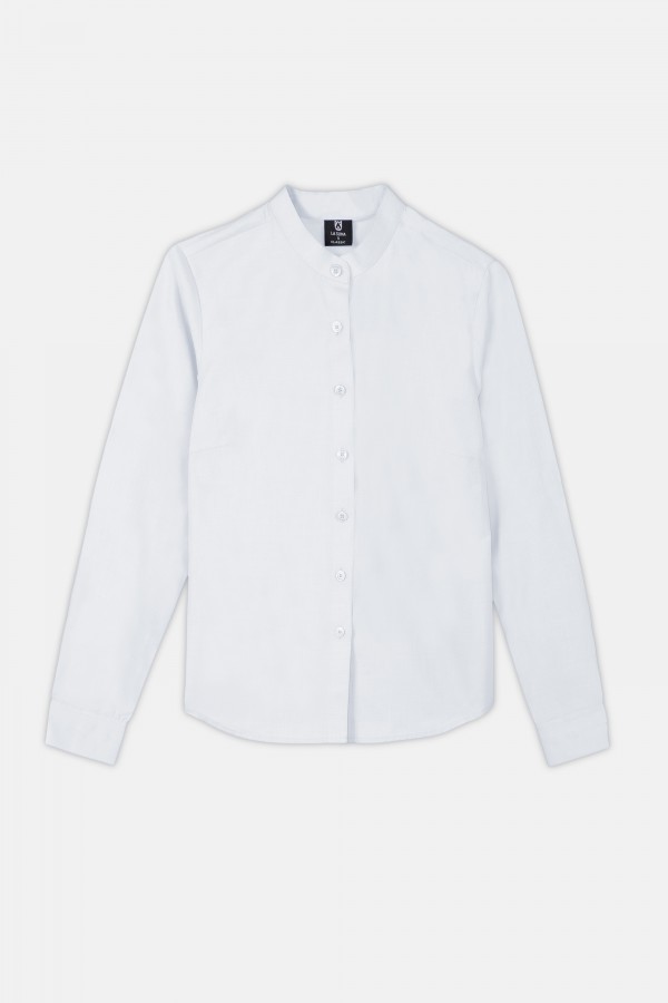 Women Long Sleeve Chinese Collar Single Pocket Cotton Oxford Uniform Shirt/Blouse